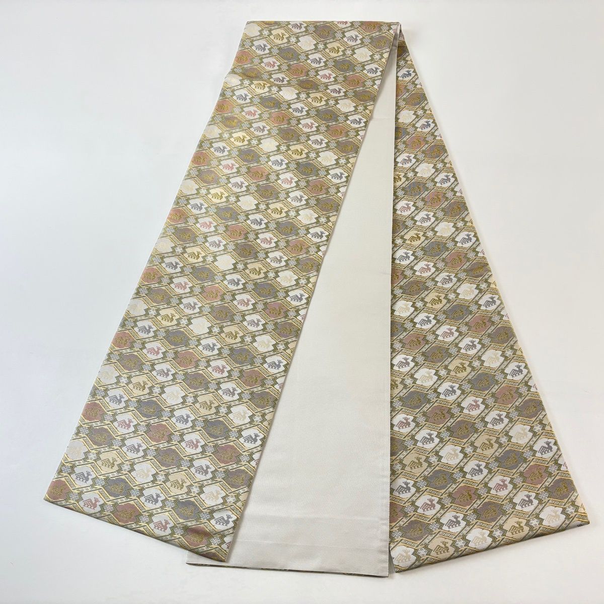  袋帯 名品 有栖川文 箔 鶯色 全通 正絹 袋帯 帯