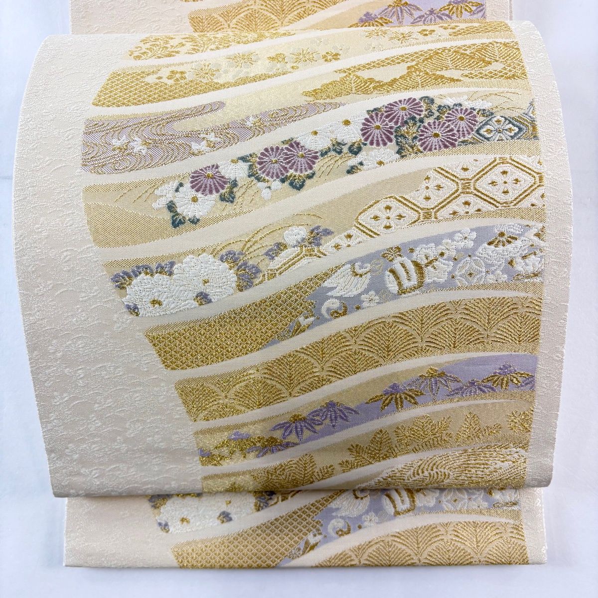 袋帯 名品 熨斗流文 熨斗 草花 金糸 箔 ベージュ 六通 正絹