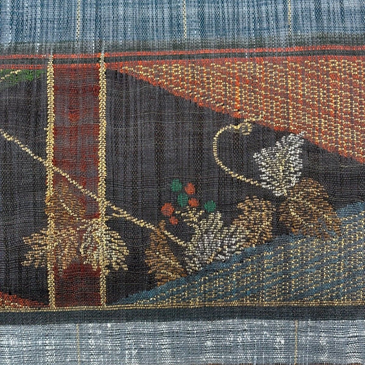 袋帯 名品 渡文 落款 葉と実 金通し 青灰色 お太鼓柄 正絹