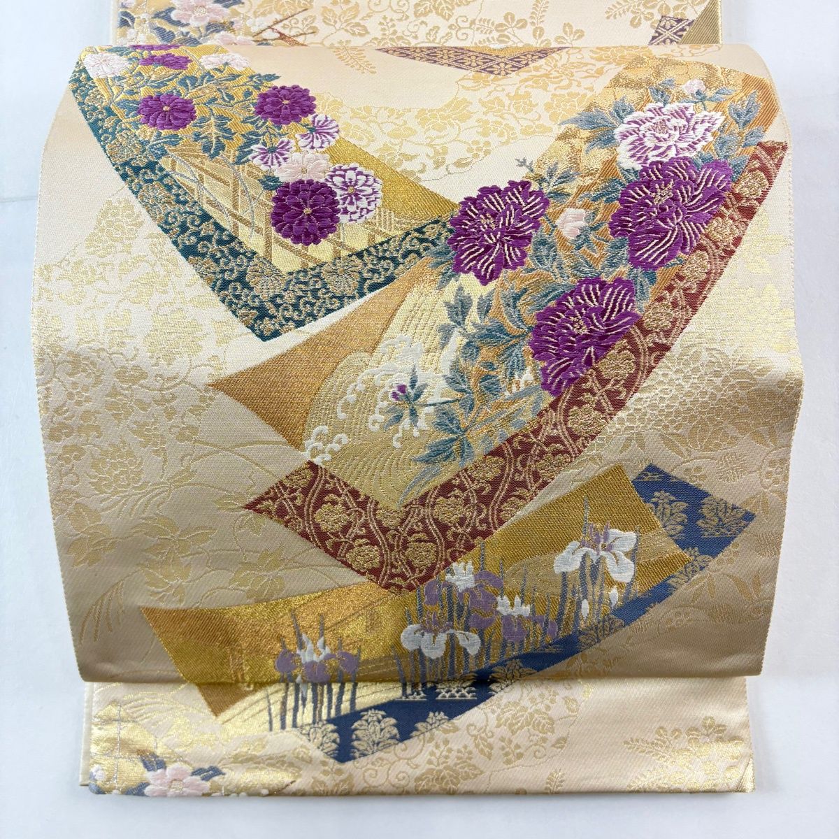 袋帯 名品 じゅらく 落款 帝王紫 短冊 草花 金糸 箔 金色 お太鼓柄 正絹