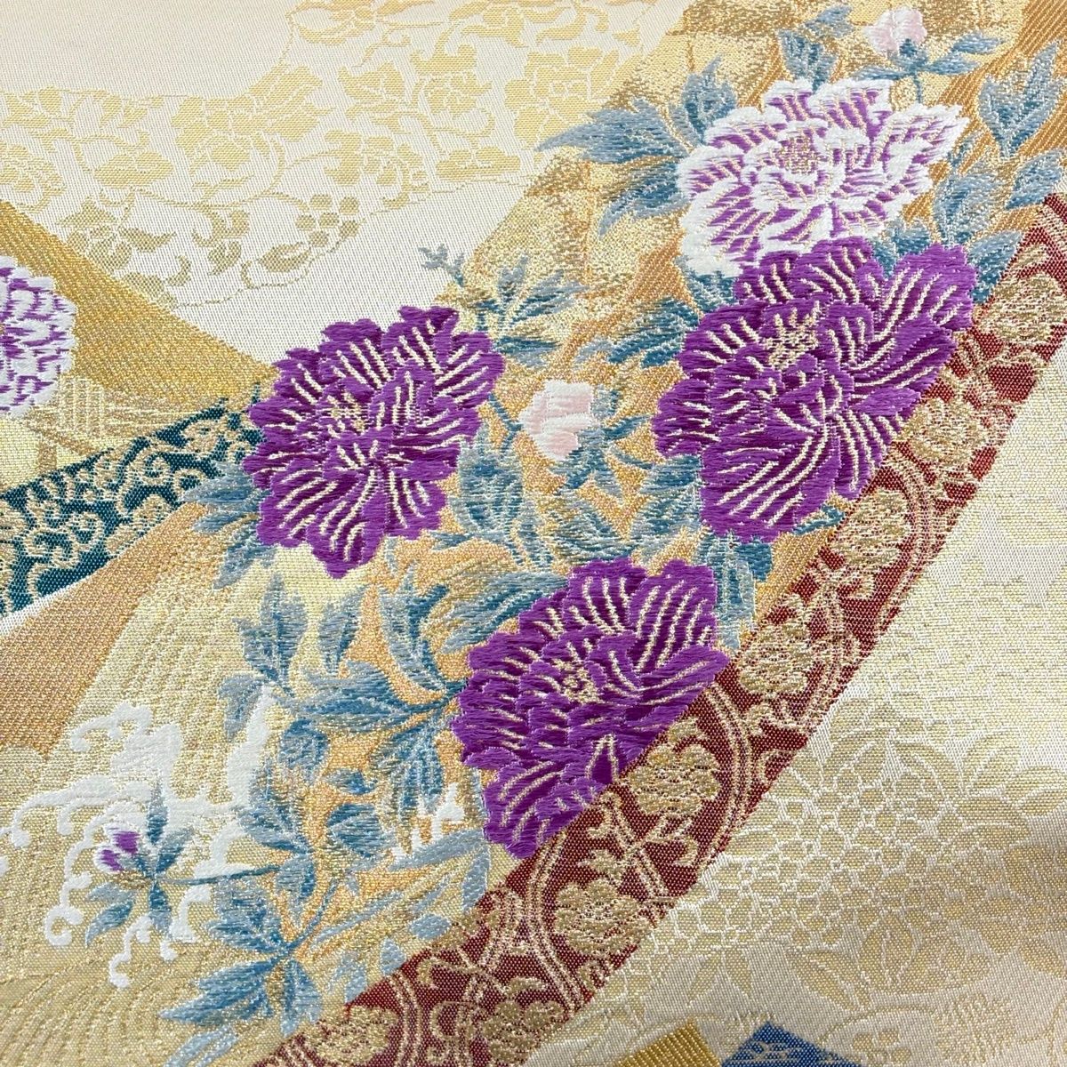 袋帯 名品 じゅらく 落款 帝王紫 短冊 草花 金糸 箔 金色 お太鼓柄 正絹