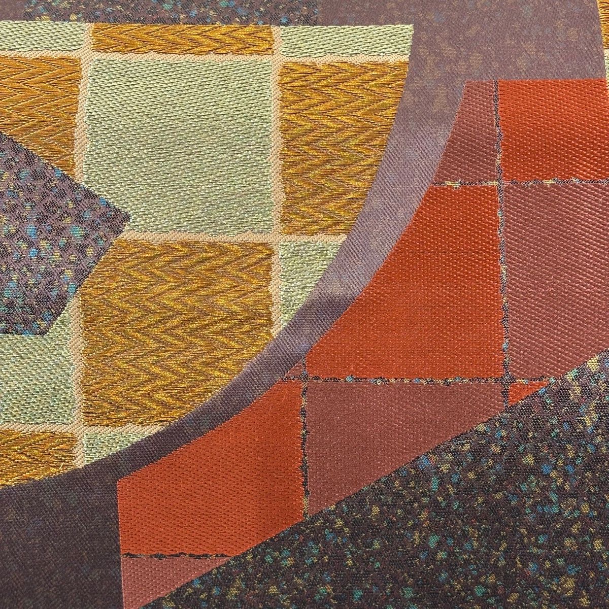 袋帯 名品 落款 コシノヒロコ 幾何学模様 金糸 箔 赤紫 六通 正絹