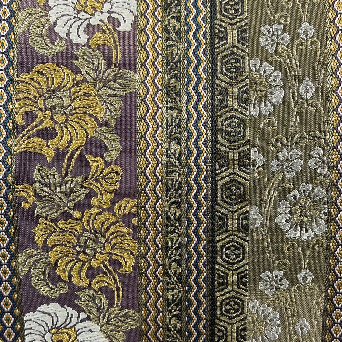 袋帯 名品 縞 草花 金銀糸 灰紫 六通 正絹