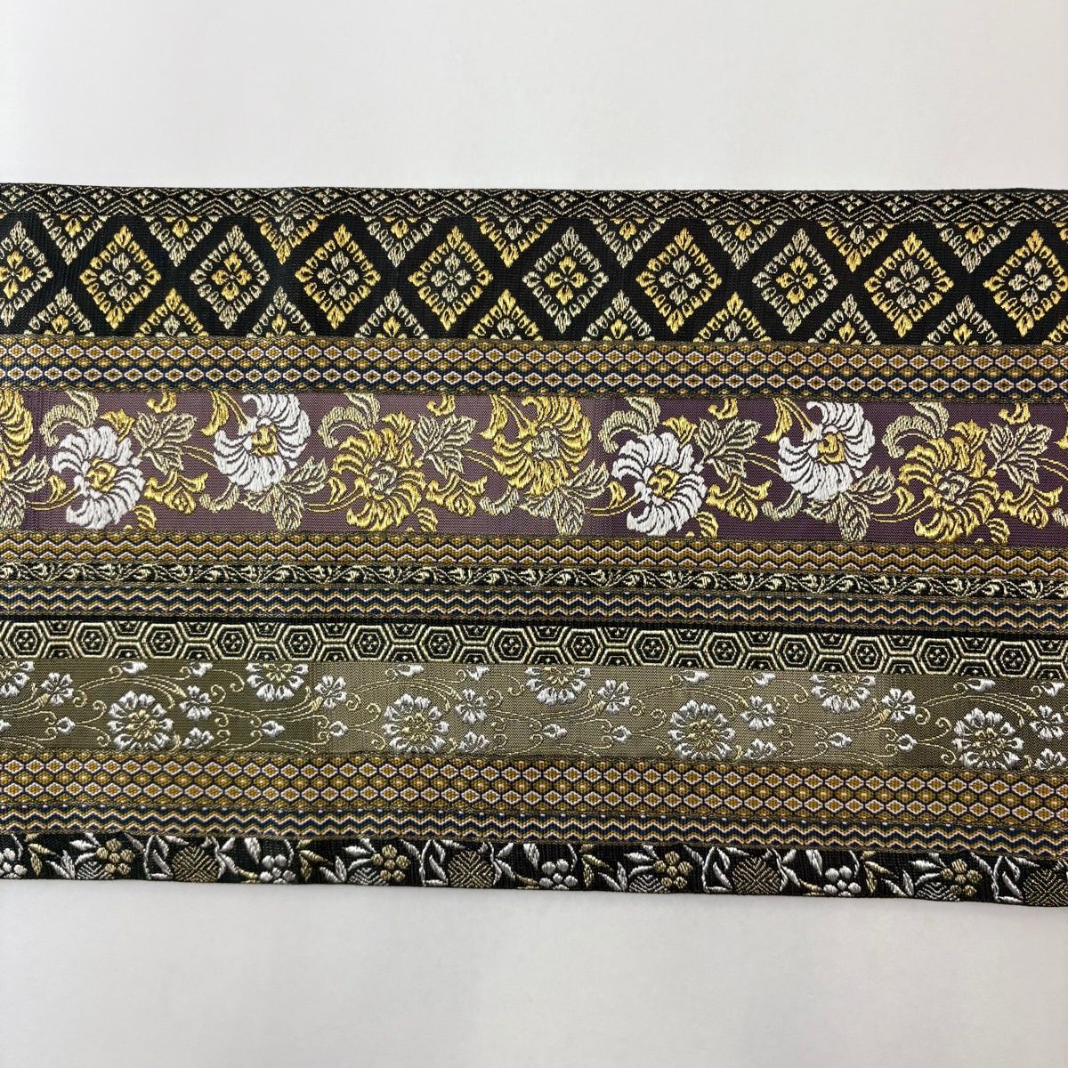  袋帯 名品 縞 草花 金銀糸 灰紫 六通 正絹 袋帯 帯