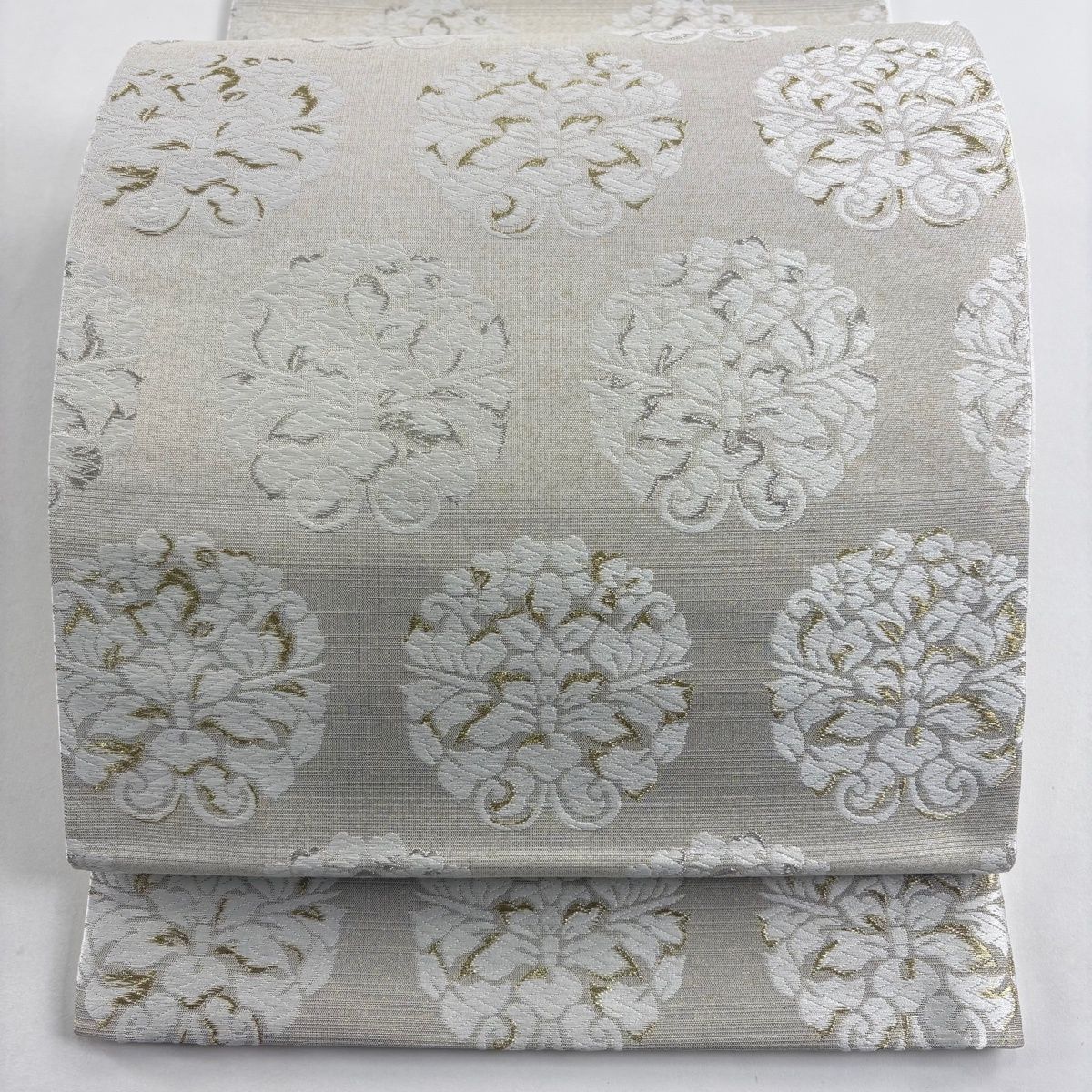 袋帯 名品 草花 段縞 金銀糸 唐織 ベージュ 六通 正絹