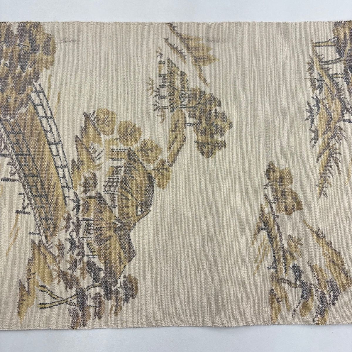  名古屋帯 名品 紬地 松葉仕立て 八寸名古屋帯 建物 橋 薄茶色 正絹 名古屋帯 帯