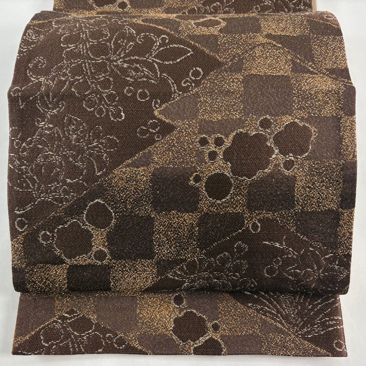 袋帯 名品 柿渋染 市松 草花 金糸 箔 茶色 六通 正絹