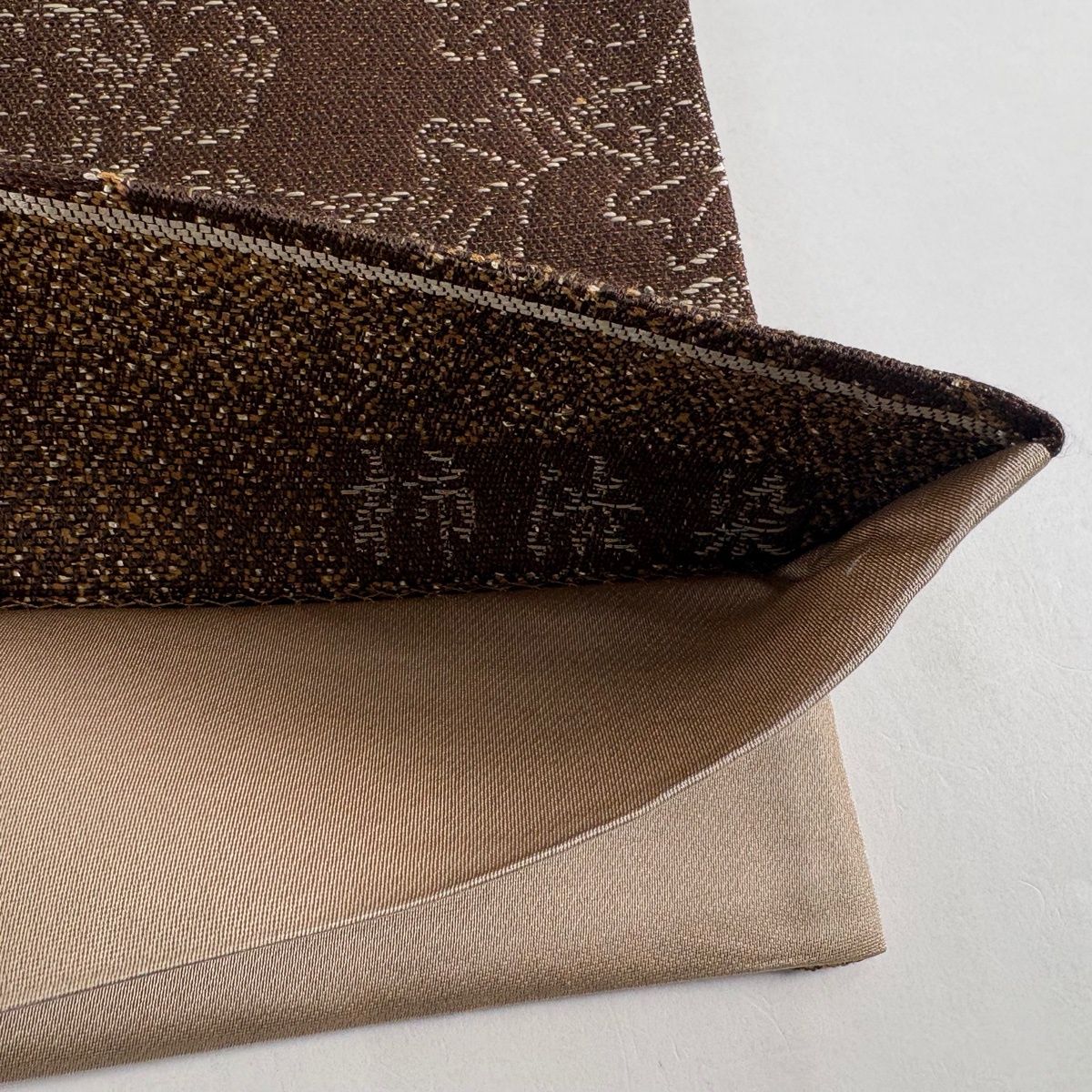  袋帯 名品 柿渋染 市松 草花 金糸 箔 茶色 六通 正絹 袋帯 帯