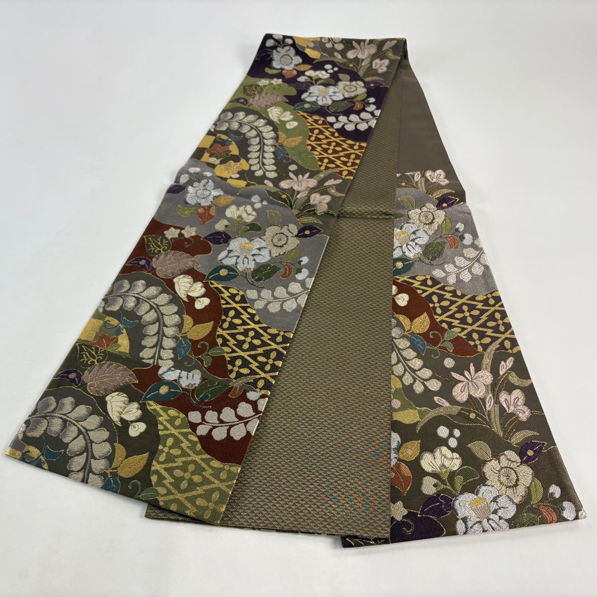  袋帯 名品 草花 松川菱 金糸 箔 灰茶 六通 正絹 袋帯 帯