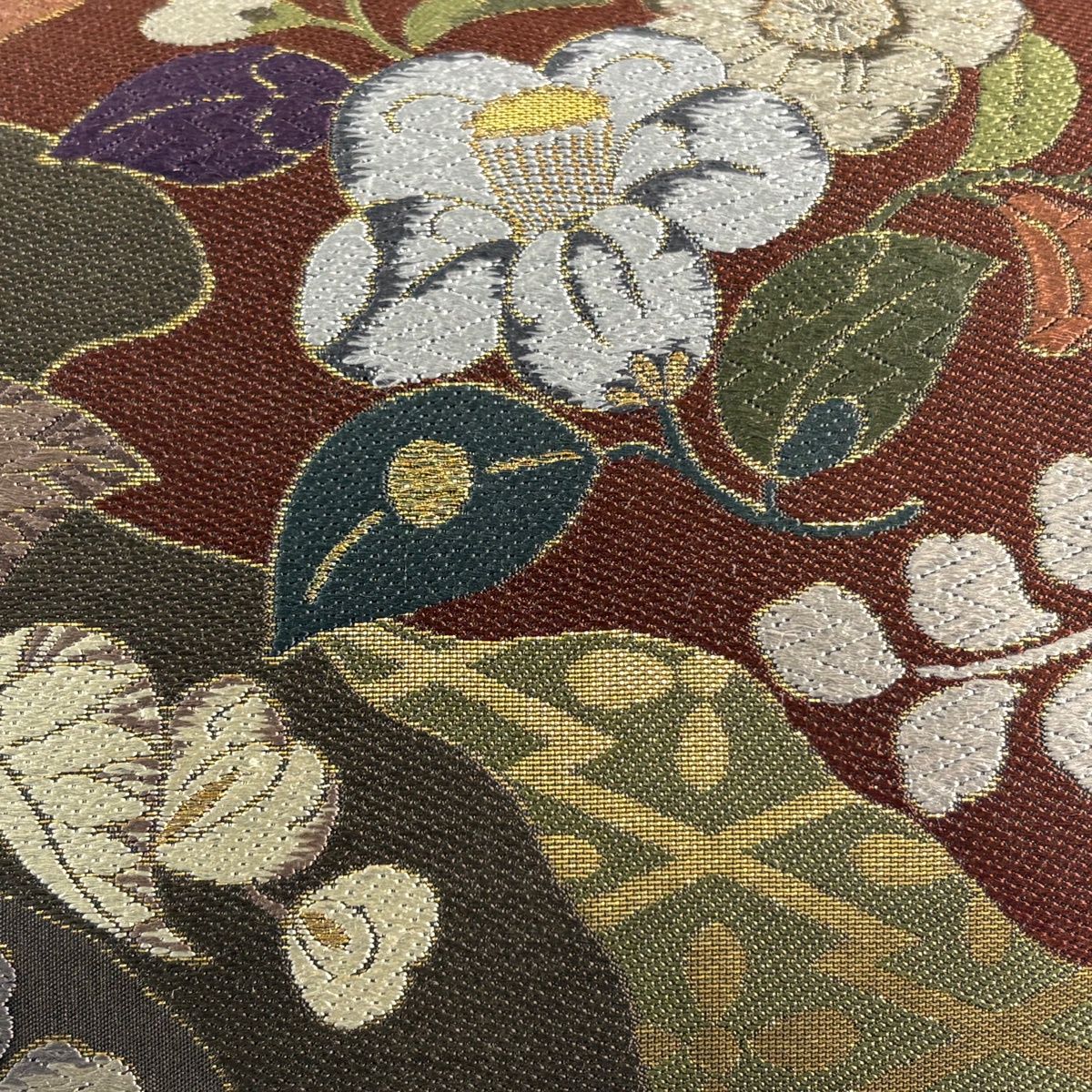 袋帯 名品 草花 松川菱 金糸 箔 灰茶 六通 正絹