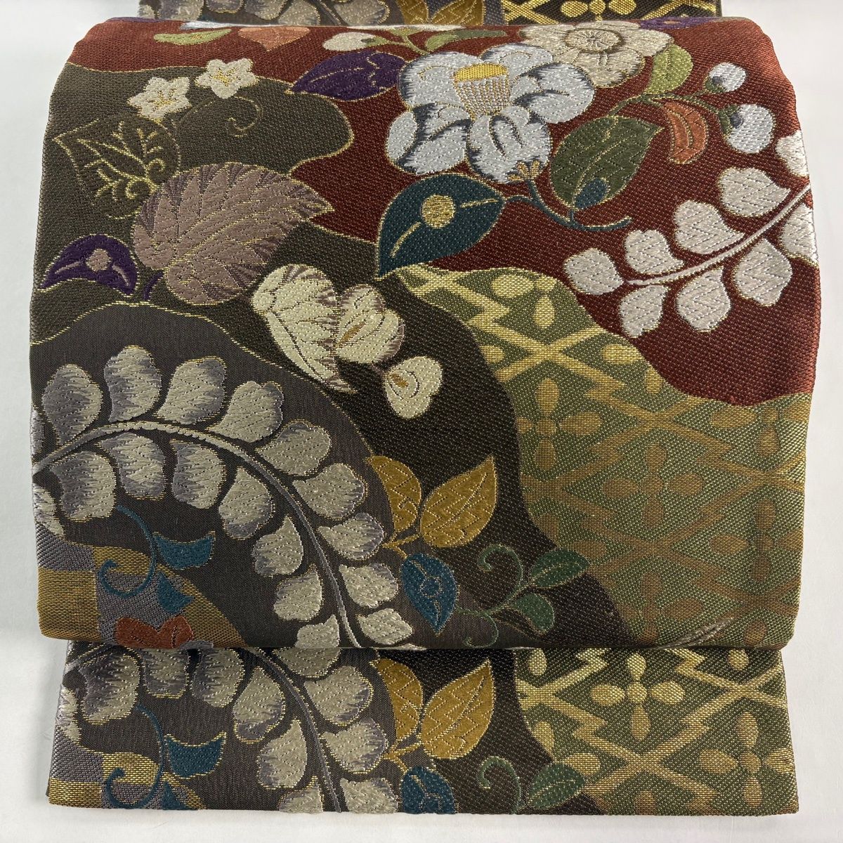 袋帯 名品 草花 松川菱 金糸 箔 灰茶 六通 正絹