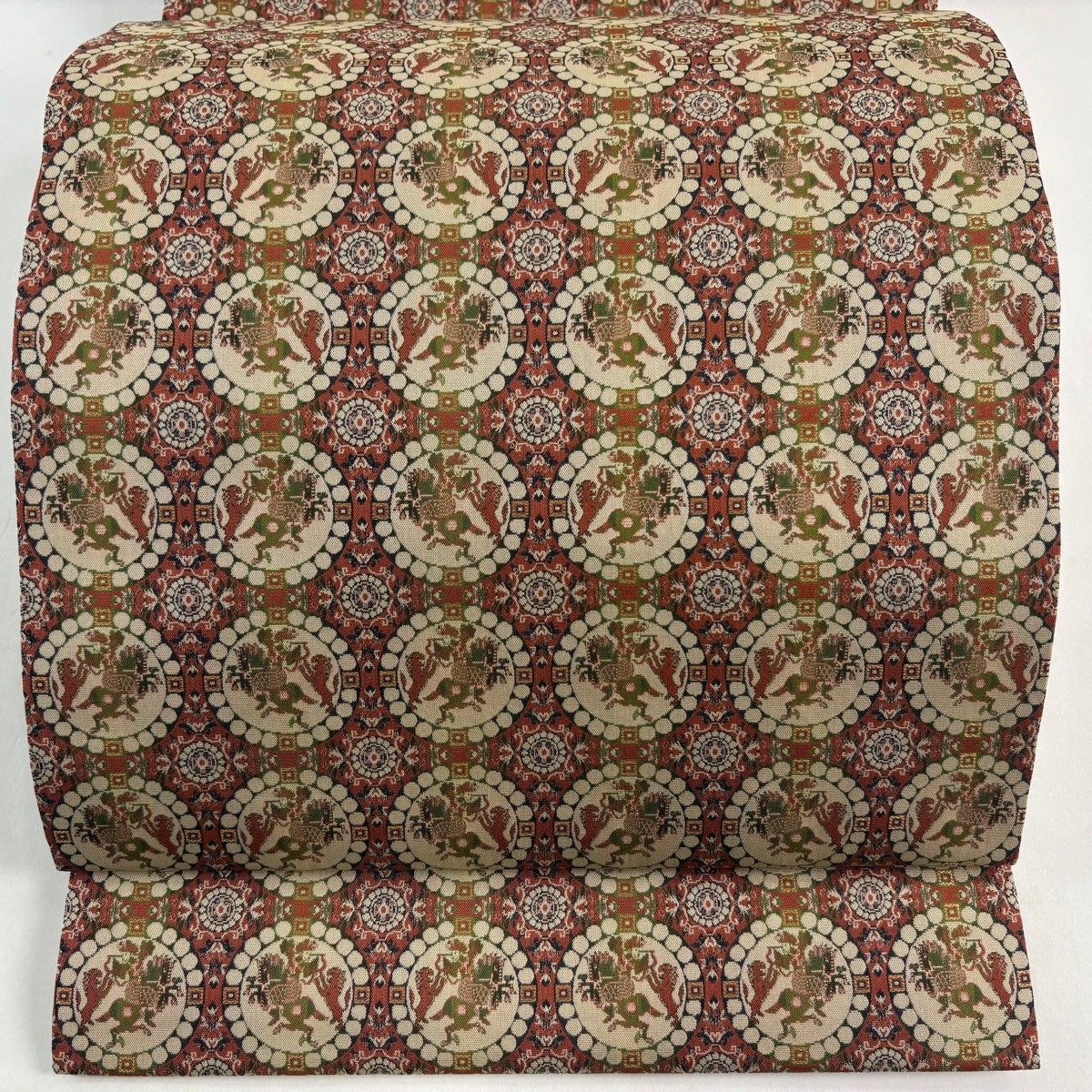 開き名古屋帯 名品 龍村美術織物 連珠獅子狩文錦 赤茶 正絹