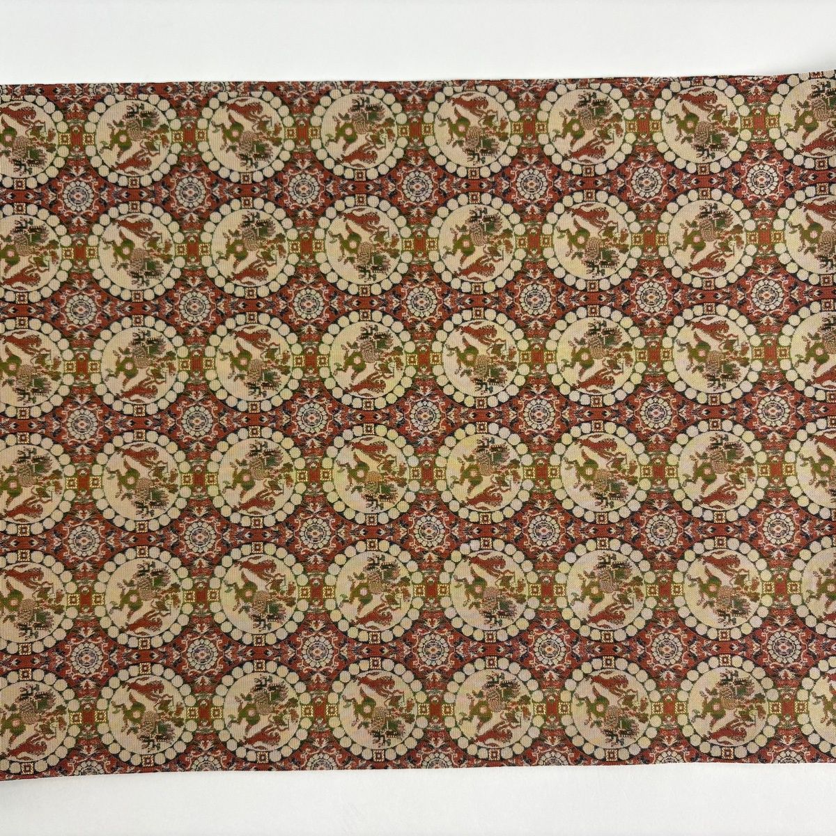 開き名古屋帯 名品 龍村美術織物 連珠獅子狩文錦 赤茶 正絹