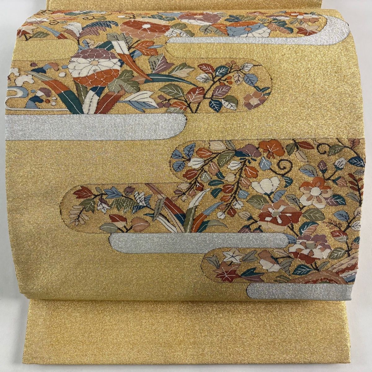 袋帯 名品 霞 草花 金銀糸 金色 お太鼓柄 正絹