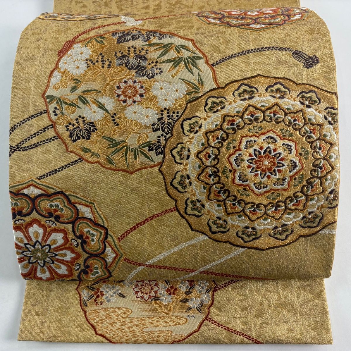 袋帯 美品 逸品 引箔本金紹巴 菱重ね鏡文 金糸 金色 お太鼓柄 正絹 袋帯 名品 綴れ 花 菱 金糸 鶯色 お太鼓柄 正絹 中古 : リユース