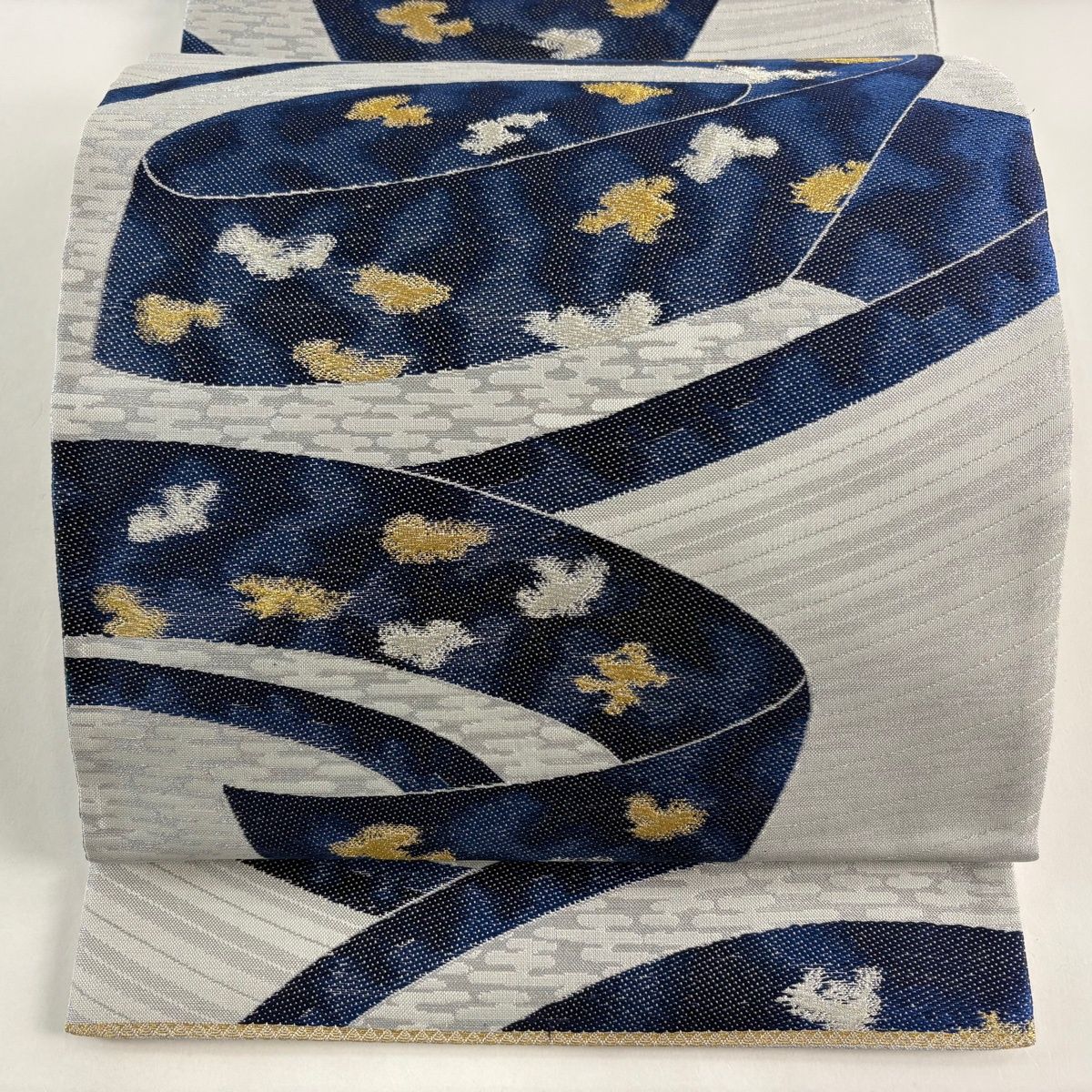 袋帯 名品 幾何学 金銀糸 藍色 六通 正絹