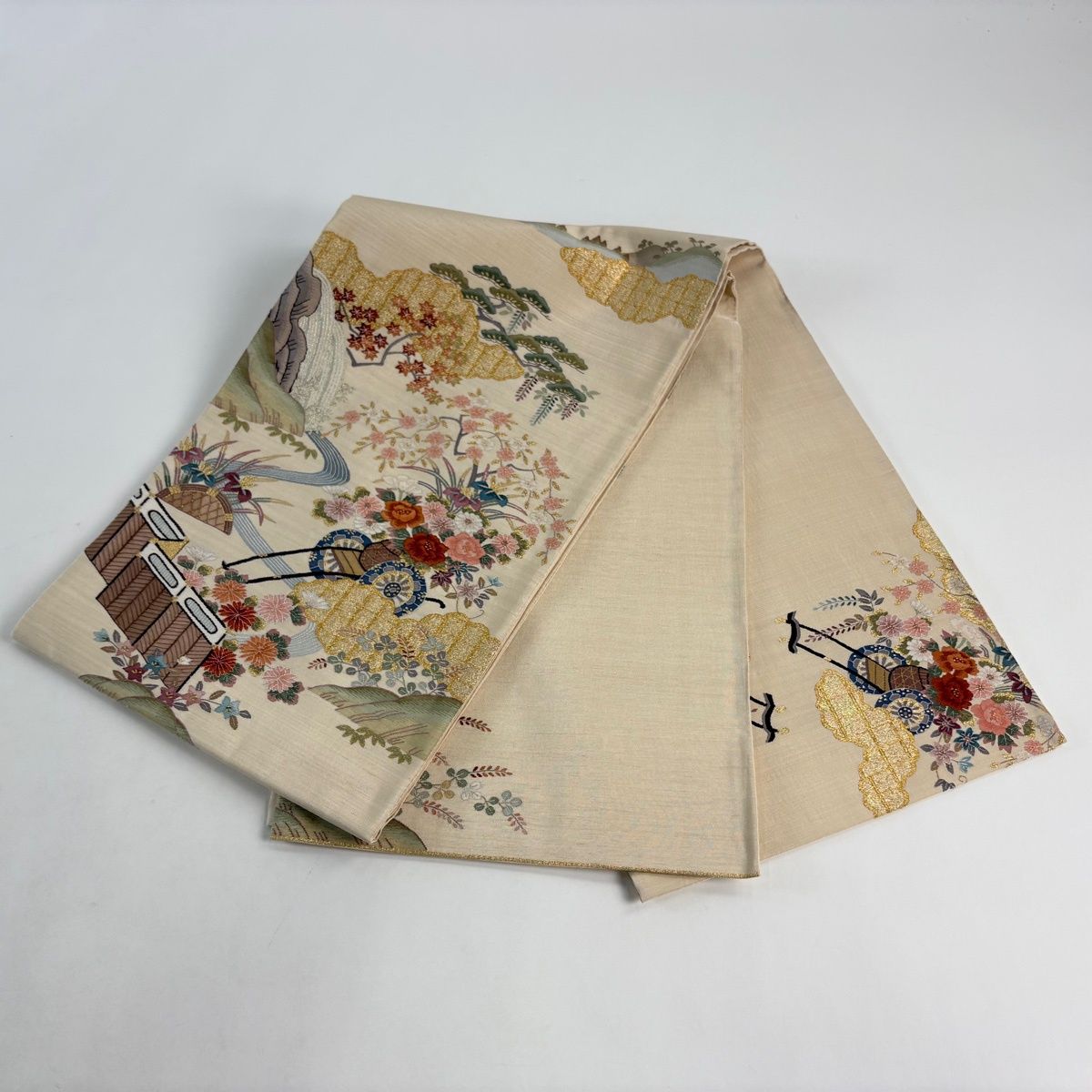  袋帯 名品 花車 滝 金銀糸 ベージュ お太鼓柄 正絹 袋帯 帯