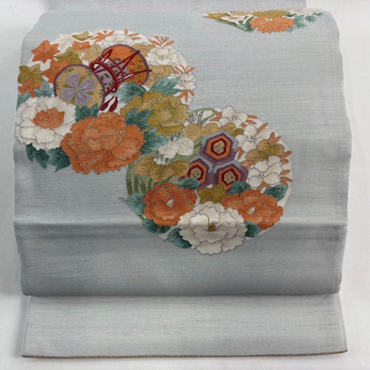 袋帯 名品 草花 鼓 金銀糸 青灰色 お太鼓柄 正絹