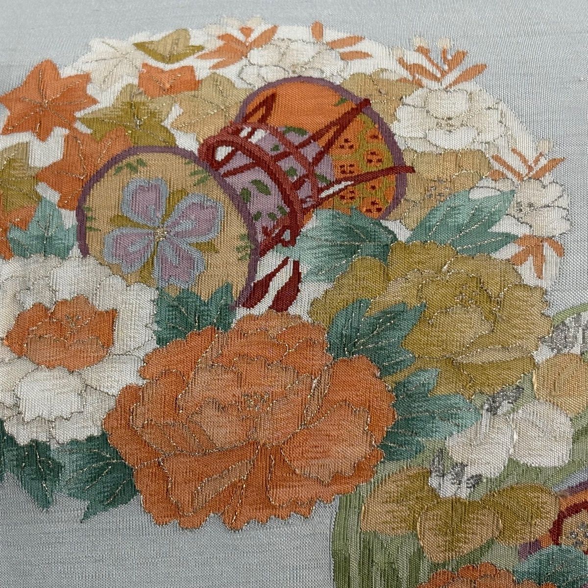 袋帯 名品 草花 鼓 金銀糸 青灰色 お太鼓柄 正絹