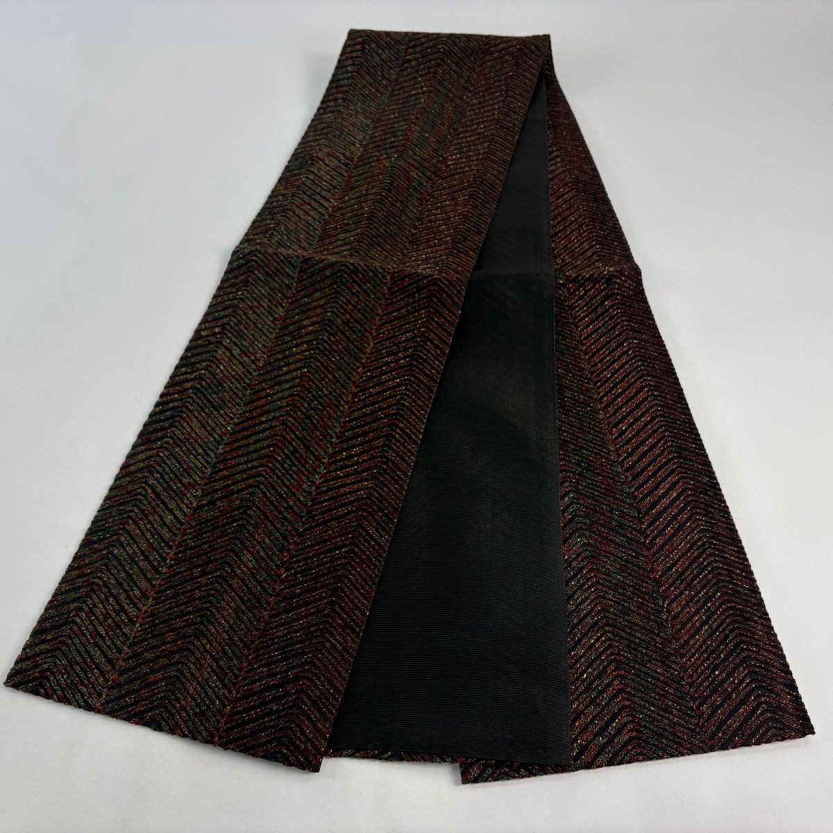  袋帯 名品 無月 落款 幾何学 箔 赤黒 全通 正絹 袋帯 帯