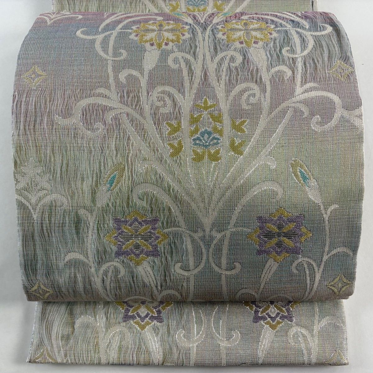 袋帯 名品 やまと リバーシブル 草花 花唐草 金銀糸 箔 薄緑 お太鼓柄 正絹