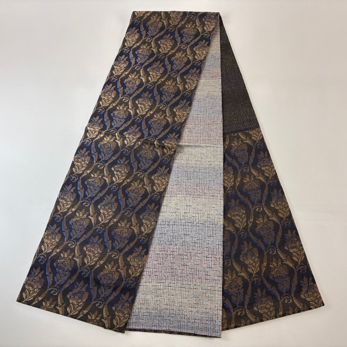  袋帯 名品 草花 立涌 金糸 濃紺 六通 正絹 袋帯 帯