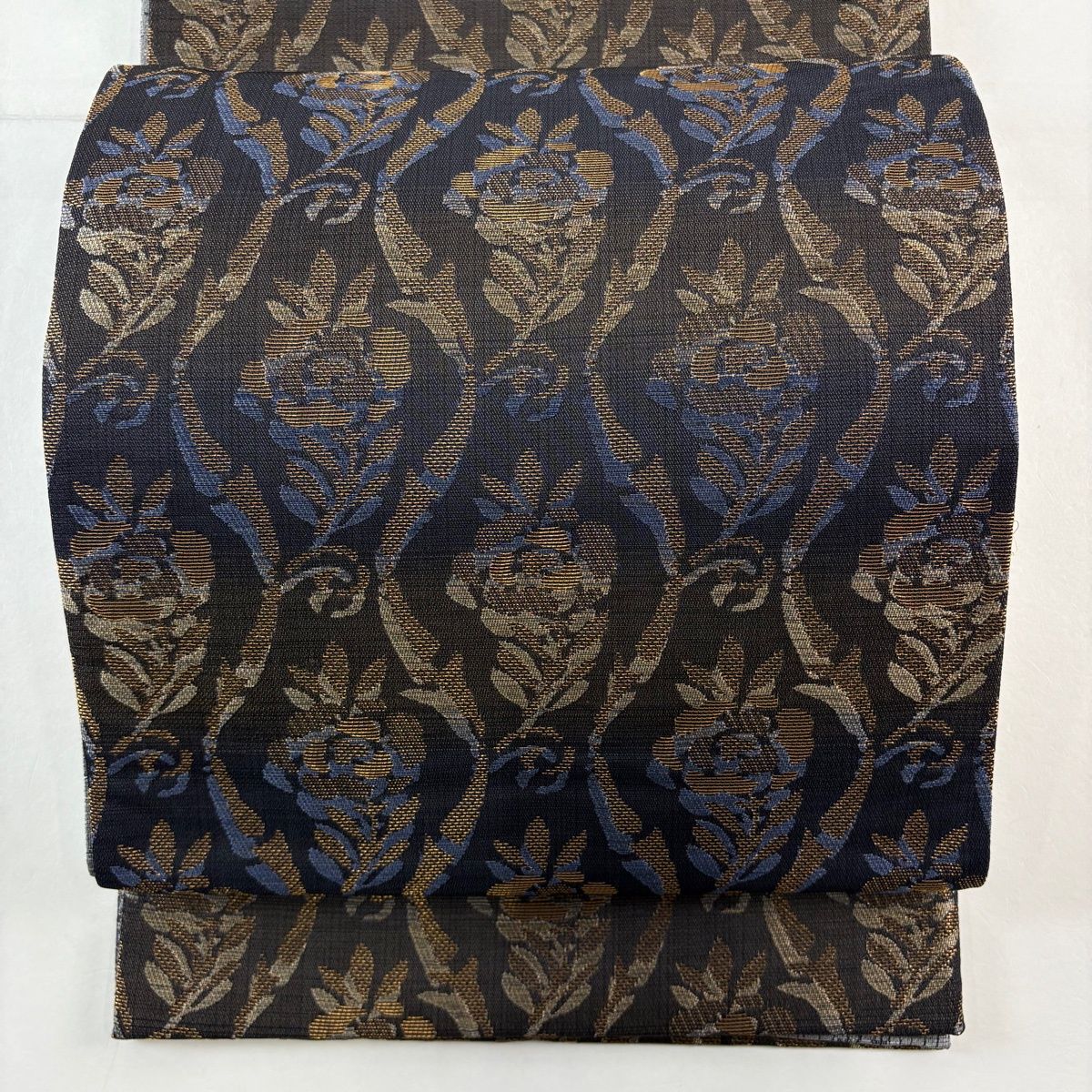 袋帯 名品 草花 立涌 金糸 濃紺 六通 正絹