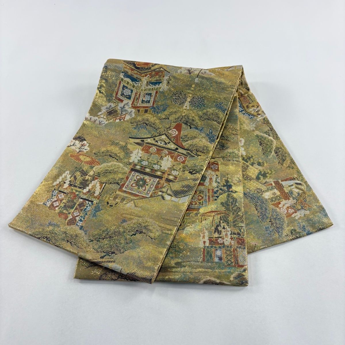  丸帯 京祝祭山鉾図 金糸 箔 金色 お太鼓柄 正絹 丸帯 帯