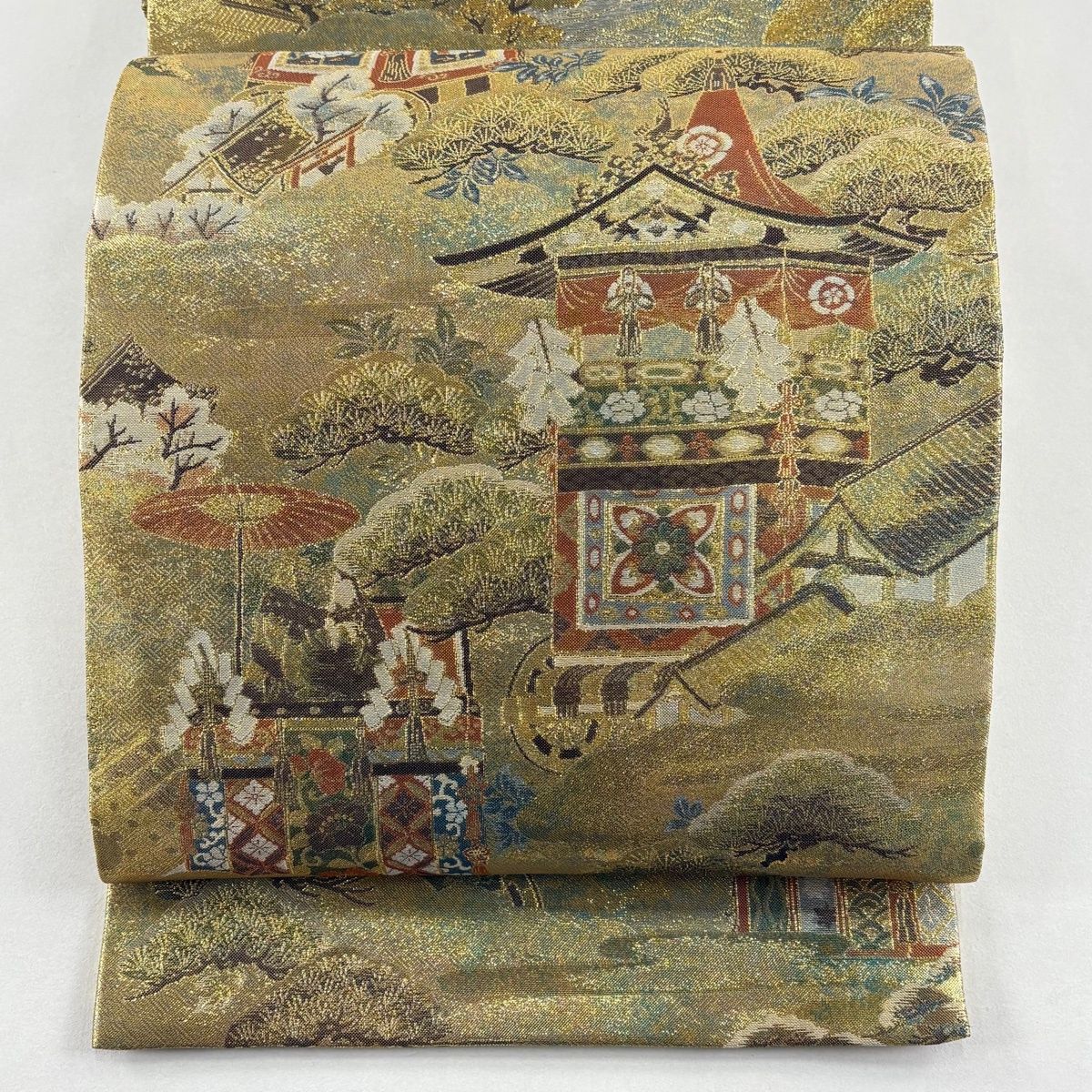 丸帯 京祝祭山鉾図 金糸 箔 金色 お太鼓柄 正絹