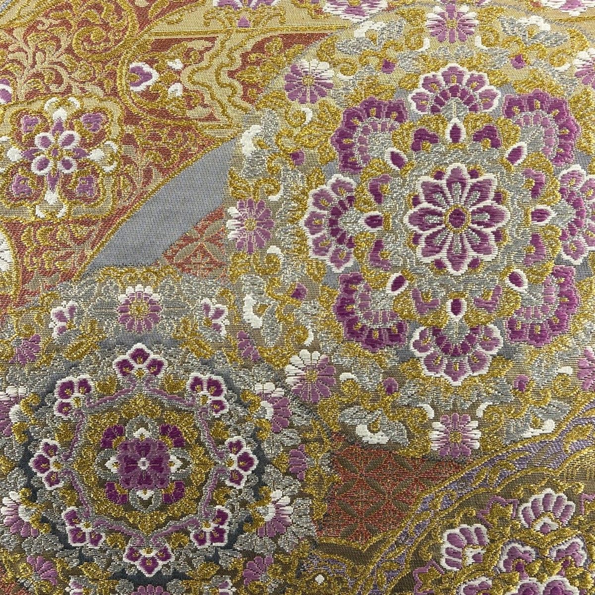 袋帯 落款 古代帝王紫 華文 花唐草 金銀糸 金色 六通 正絹