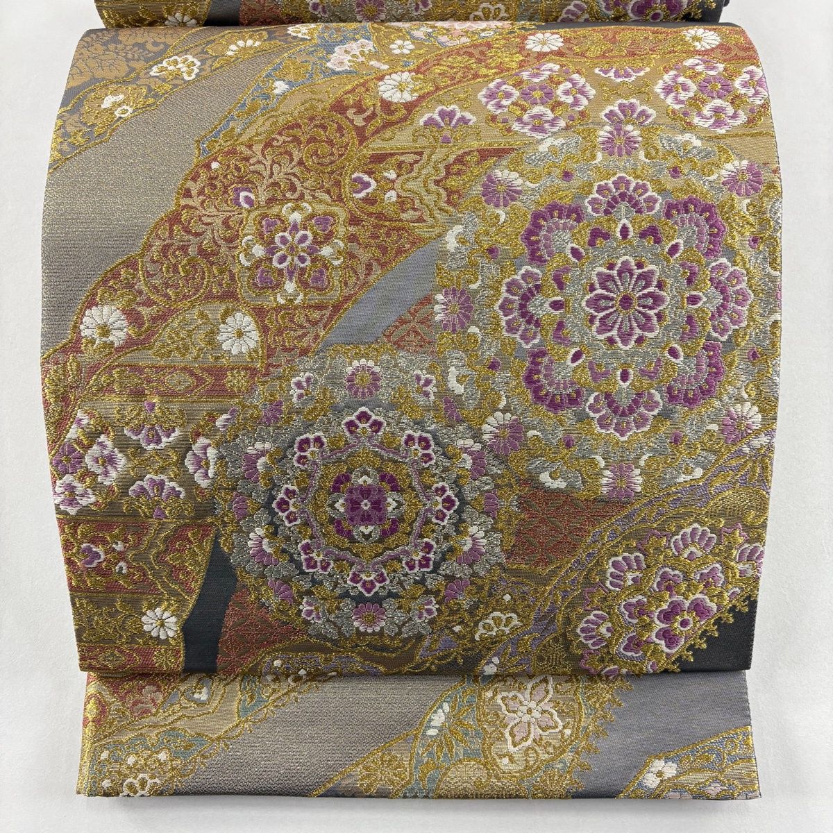 袋帯 落款 古代帝王紫 華文 花唐草 金銀糸 金色 六通 正絹
