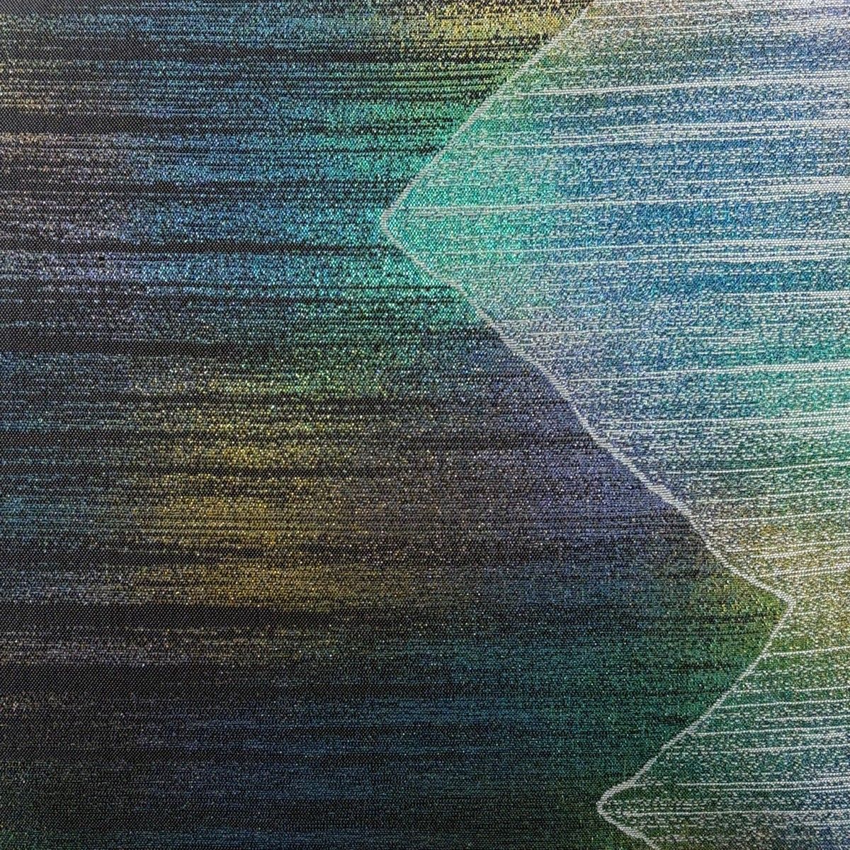 袋帯 藤林徳扇 落款 苑寿 幾何学 縞 箔 青緑 全通 正絹