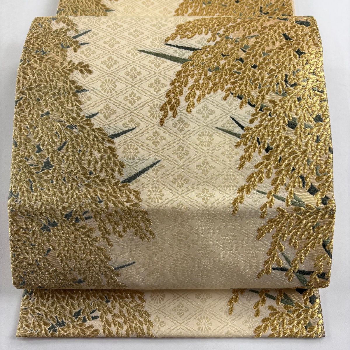 袋帯 山口美術織物 落款 菱地豊穣文 稲穂 金糸 ベージュ 六通 正絹