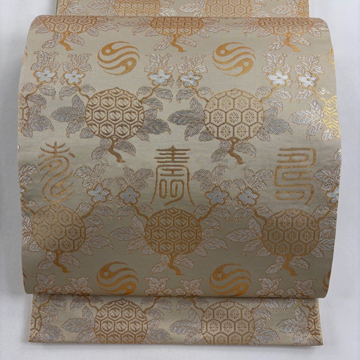 袋帯 落款 竜匠錦 文字文 草花 箔 金糸 ベージュ 六通 正絹
