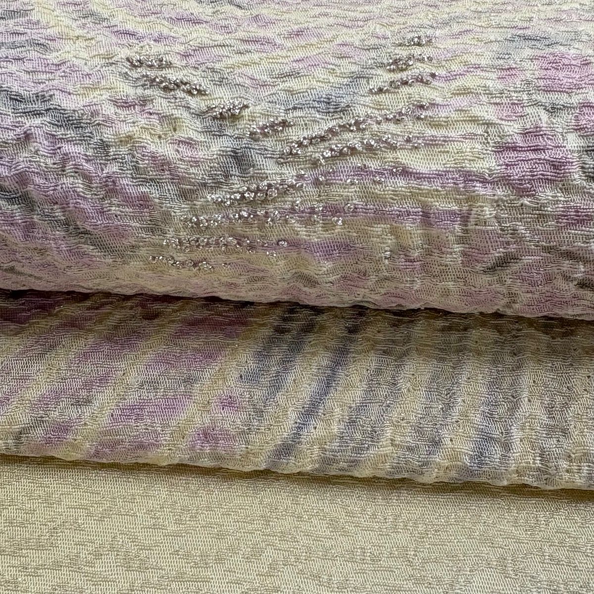  袋帯 滝泰 落款 波 幾何学 絞り 金銀糸 ベージュ お太鼓柄 正絹 袋帯 帯