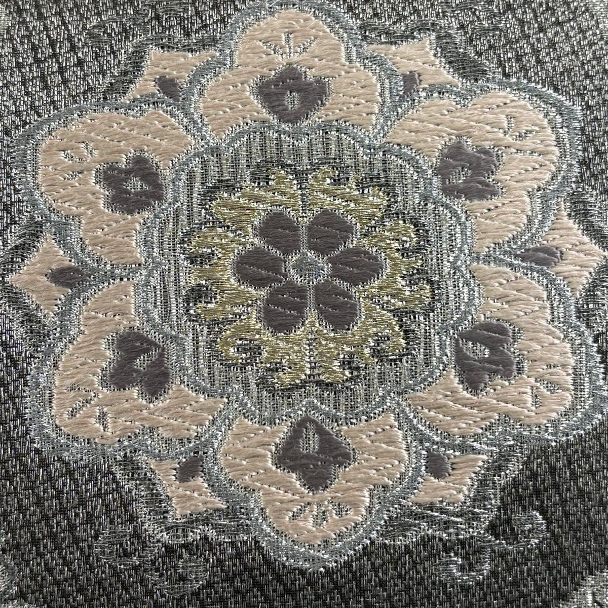 袋帯 華文 草花 唐織 箔 銀色 六通 正絹