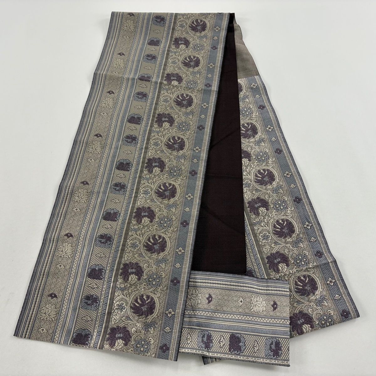  名古屋帯 八寸名古屋帯 松葉仕立て 花唐草 縞 銀糸 灰紫 正絹 名古屋帯 帯