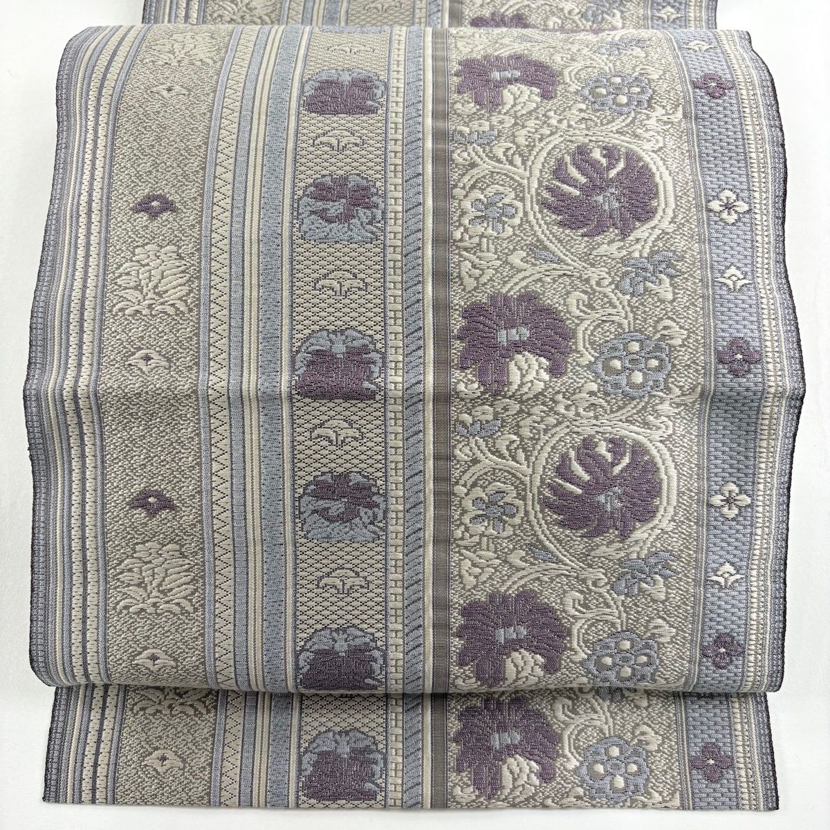 名古屋帯 八寸名古屋帯 松葉仕立て 花唐草 縞 銀糸 灰紫 正絹