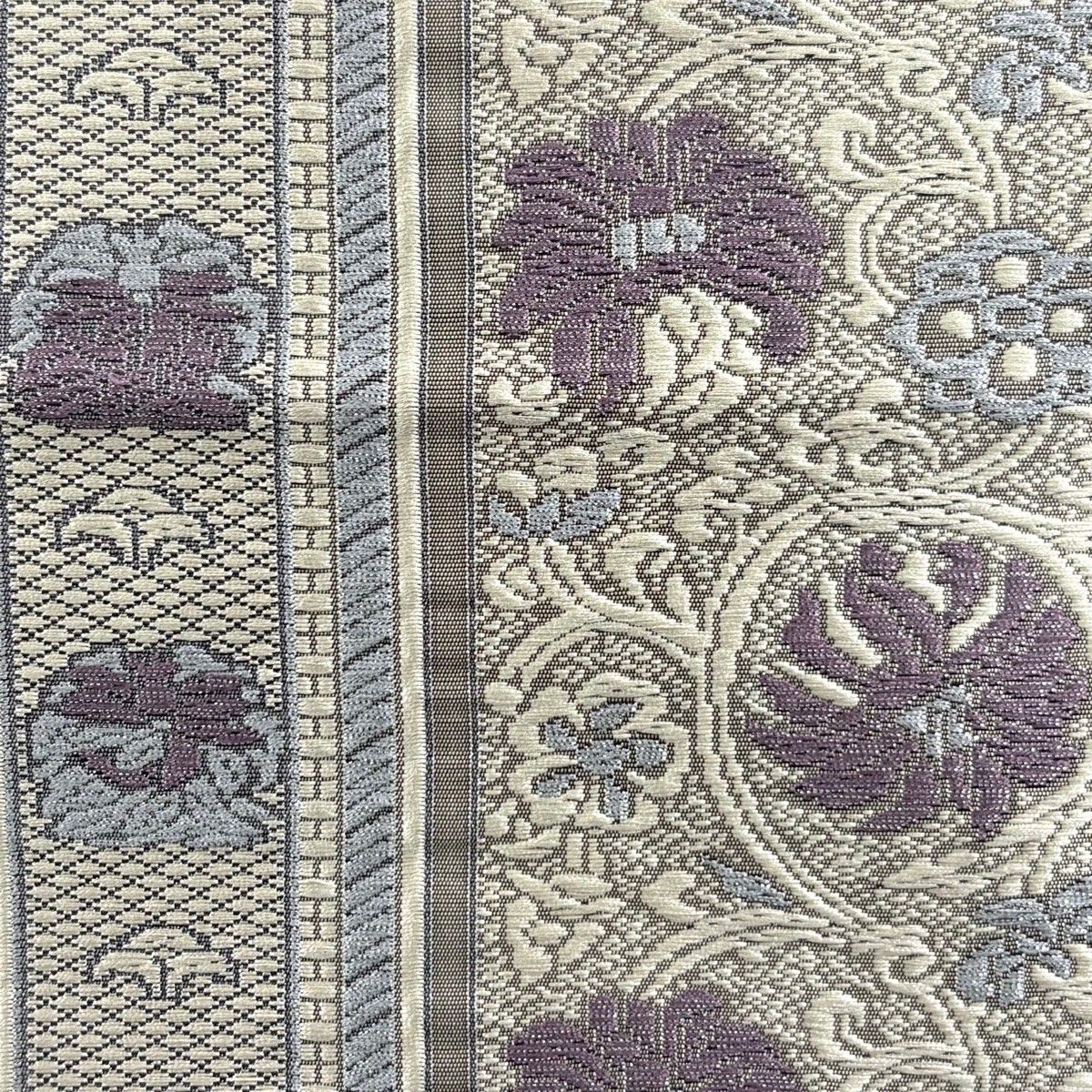 名古屋帯 八寸名古屋帯 松葉仕立て 花唐草 縞 銀糸 灰紫 正絹