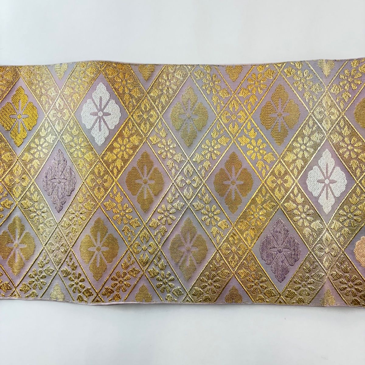  袋帯 名品 格子幸菱紋 金銀糸 薄紫 全通 正絹 袋帯 帯