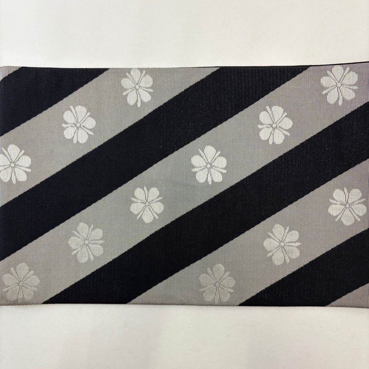  袋帯 名品 花 斜縞 銀糸 濃紺 全通 正絹 袋帯 帯