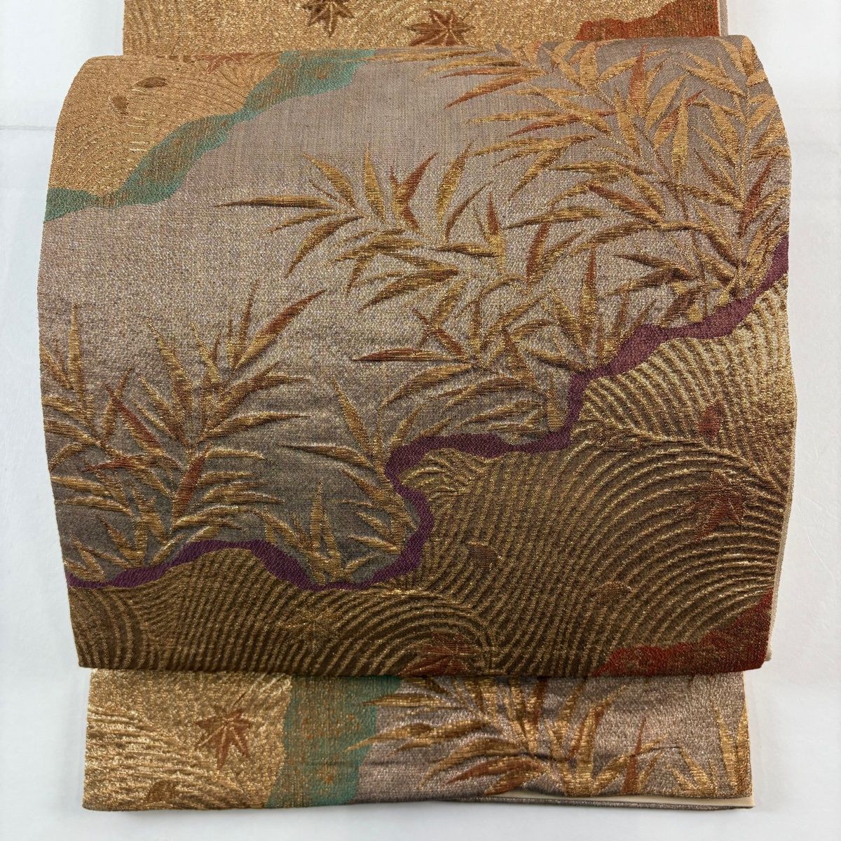 袋帯 名品 じゅらく 落款 葉柄 道長取 金糸 箔 茶色 六通 正絹