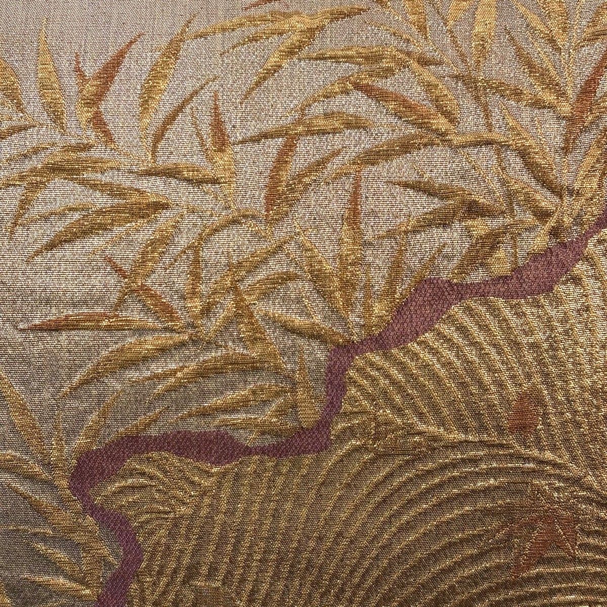 袋帯 名品 じゅらく 落款 葉柄 道長取 金糸 箔 茶色 六通 正絹