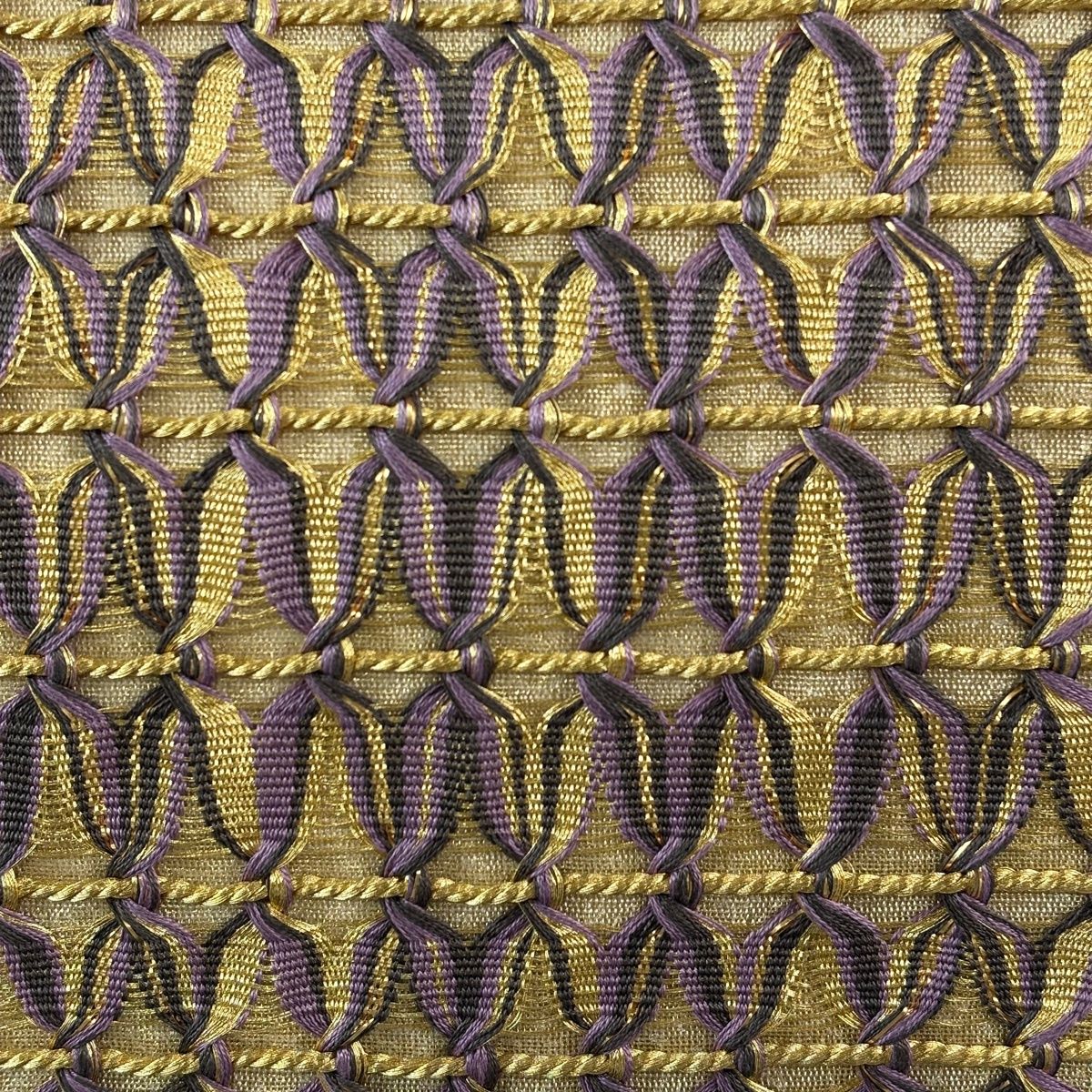 袋帯 名品 幾何学模様 縞 金糸 箔 紫 お太鼓柄 正絹