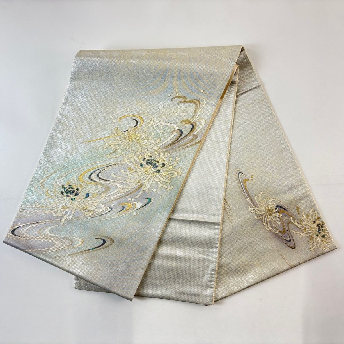  袋帯 名品 やまと 菊 流水 螺鈿箔 灰白 お太鼓柄 正絹 袋帯 帯
