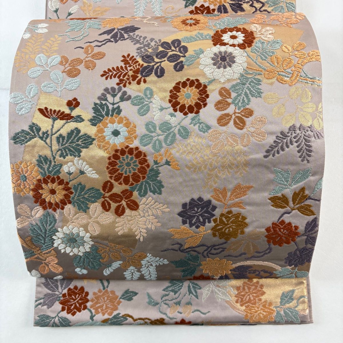 袋帯 名品 扇面 菊 唐織 箔 灰紫 六通 正絹