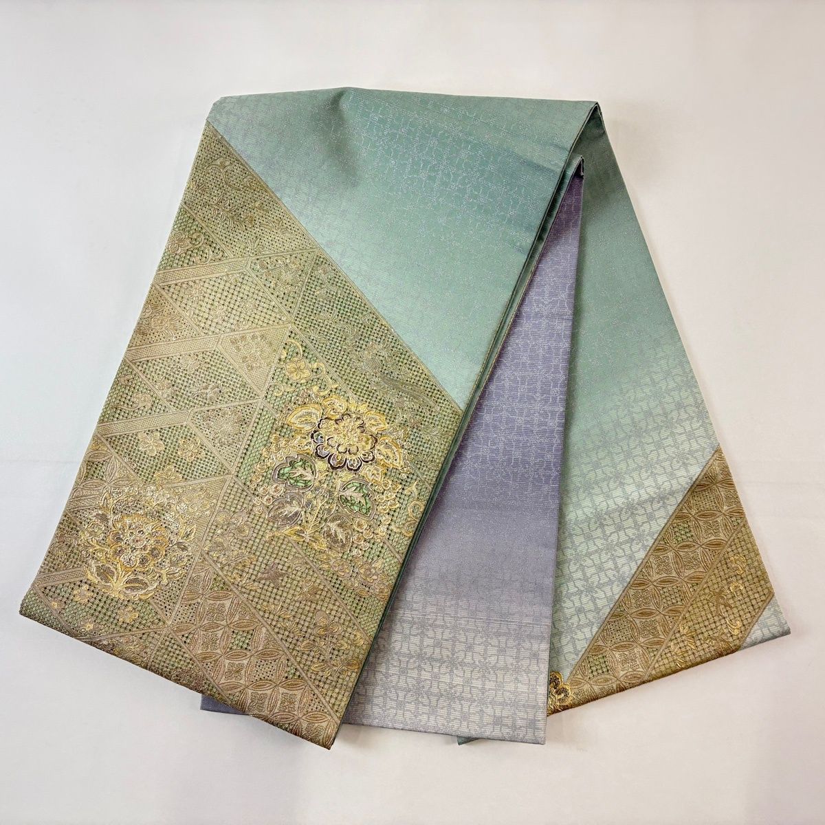  袋帯 名品 草花 七宝 螺鈿 刺繍 ベージュ お太鼓柄 正絹 袋帯 帯