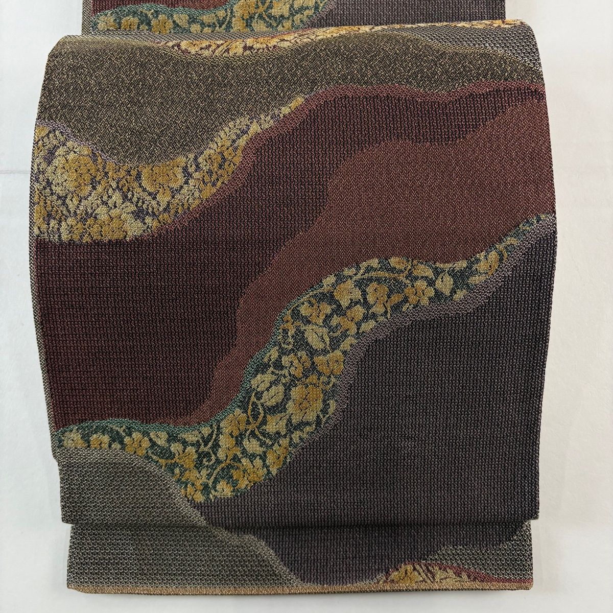 袋帯 名品 道長取 草花 箔 赤茶 六通 正絹