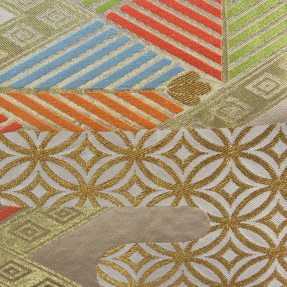 袋帯 名品 川島織物 落款 若松 七宝 箔 金糸 ベージュ 六通 正絹