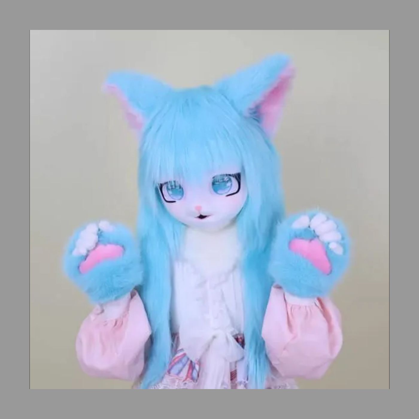 着ぐるみヘッド 猫 立ち耳 空色 全頭ヘッド ケモノ マスク ファースーツ ぬいぐるみ 手袋セット